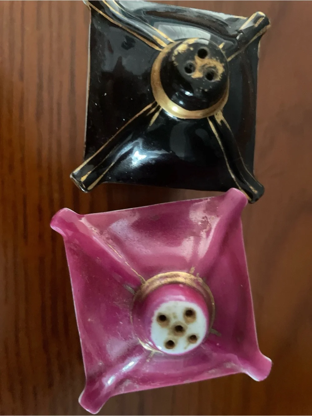Porcelain Pagoda Salt and Pepper Shakers - Black & Pink Arita China
